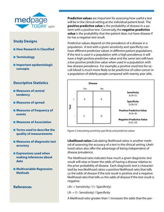 Predictive values are important for assessing how useful a test
                                  will be in the clinical setting at the individual patient level. The
                          .com    positive predictive value is the probability of disease in a pa-
                                  tient with a positive test. Conversely, the negative predictive
                                  value is the probability that the patient does not have disease if
                                  he has a negative test result.
Study Designs                     Predictive values depend on the prevalence of a disease in a
                                  population. A test with a given sensitivity and specificity can
n   How Research Is Classified    have different predictive values in different patient populations.
                                  If the test is used in a population with a high prevalence, it will
n   Terminology                   have a high positive predictive value and the same test will have
                                  a low positive predictive value when used in a population with
n   Important epidemiologic
                                 low disease prevalence. For example, a positive stool test for oc-
    concepts                      cult blood is much more likely to be predictive of colon cancer in
                                  a population of elderly people compared with twenty year olds.

Descriptive Statistics                                  Disease

                                                  Yes              No
n   Measures of central
                                                                                              Sensitivity
    tendency                                                                                    A/(A+C)
                                          +       A                 B
                                                                                               Specificity
n   Measures of spread
    
                                                                                                D/(B+D)
                                   Test




n   Measures of frequency of
                                                                                     Positive Predictive Value
    events                                -       C                 D
                                                                                               A/(A+B)

                                                                                      Negative Predictive Value
n   Measures of Association
                                                                                             D/(C+D)


n   Terms used to describe the
                                 Figure 2: Calculating sensitivity, specificity, and predictive values
    quality of measurements

n   Measures of diagnostic test
                                 Likelihood ratios Calculating likelihood ratios is another meth-
    accuracy                      od of assessing the accuracy of a test in the clinical setting. Likeli-
                                  hood ratios also offer the advantage of being independent of
n   Expressions used when
                                 disease prevalence.
    making inferences about       The likelihood ratio indicates how much a given diagnostic test
    data                          result will raise or lower the odds of having a disease relative to
                                  the prior probability of disease. Each diagnostic test is character-
n   Multivariable Regression
                                 ized by two likelihood ratios: a positive likelihood ratio that tells
    Methods                       us the odds of disease if the test result is positive and a negative
                                  likelihood ratio that tells us the odds of disease if the test result is
                                  negative:
References                        LR+ = Sensitivity / (1- Specificity)
                                  LR- = (1- Sensitivity) / Specificity
                                  A likelihood ratio greater than 1 increases the odds that the per-
 
