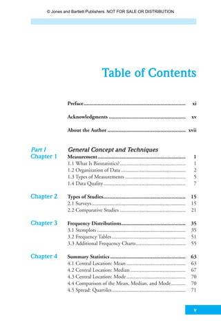 v
Preface......................................................................... xi
Acknowledgments ....................................................... xv
About the Author ........................................................ xvii
Part I General Concept and Techniques
Chapter 1 Measurement............................................................... 1
1.1 What Is Biostatistics?................................................. 1
1.2 Organization of Data ................................................ 2
1.3 Types of Measurements ............................................. 5
1.4 Data Quality............................................................. 7
Chapter 2 Types of Studies........................................................... 15
2.1 Surveys...................................................................... 15
2.2 Comparative Studies ................................................. 21
Chapter 3 Frequency Distributions.............................................. 35
3.1 Stemplots .................................................................. 35
3.2 Frequency Tables....................................................... 51
3.3 Additional Frequency Charts..................................... 55
Chapter 4 Summary Statistics...................................................... 63
4.1 Central Location: Mean ............................................ 63
4.2 Central Location: Median ......................................... 67
4.3 Central Location: Mode............................................ 70
4.4 Comparison of the Mean, Median, and Mode........... 70
4.5 Spread: Quartiles....................................................... 71
Table of Contents
35809_FM_i-xviii.qxd 7/6/07 4:07 PM Page v
© Jones and Bartlett Publishers. NOT FOR SALE OR DISTRIBUTION
 
