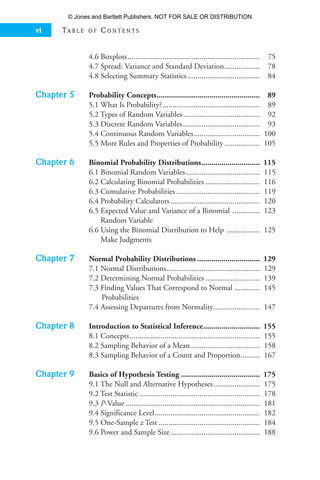 4.6 Boxplots.................................................................... 75
4.7 Spread: Variance and Standard Deviation.................. 78
4.8 Selecting Summary Statistics ..................................... 84
Chapter 5 Probability Concepts................................................... 89
5.1 What Is Probability?.................................................. 89
5.2 Types of Random Variables ....................................... 92
5.3 Discrete Random Variables........................................ 93
5.4 Continuous Random Variables.................................. 100
5.5 More Rules and Properties of Probability .................. 105
Chapter 6 Binomial Probability Distributions............................. 115
6.1 Binomial Random Variables...................................... 115
6.2 Calculating Binomial Probabilities ............................ 116
6.3 Cumulative Probabilities ........................................... 119
6.4 Probability Calculators.............................................. 120
6.5 Expected Value and Variance of a Binomial .............. 123
Random Variable
6.6 Using the Binomial Distribution to Help ................. 125
Make Judgments
Chapter 7 Normal Probability Distributions ............................... 129
7.1 Normal Distributions................................................ 129
7.2 Determining Normal Probabilities ............................ 139
7.3 Finding Values That Correspond to Normal ............. 145
Probabilities
7.4 Assessing Departures from Normality........................ 147
Chapter 8 Introduction to Statistical Inference............................ 155
8.1 Concepts................................................................... 155
8.2 Sampling Behavior of a Mean.................................... 158
8.3 Sampling Behavior of a Count and Proportion.......... 167
Chapter 9 Basics of Hypothesis Testing ....................................... 175
9.1 The Null and Alternative Hypotheses........................ 175
9.2 Test Statistic .............................................................. 178
9.3 P-Value ..................................................................... 181
9.4 Significance Level...................................................... 182
9.5 One-Sample z Test .................................................... 184
9.6 Power and Sample Size.............................................. 188
vi TA B L E O F C O N T E N T S
35809_FM_i-xviii.qxd 7/6/07 4:07 PM Page vi
© Jones and Bartlett Publishers. NOT FOR SALE OR DISTRIBUTION
 