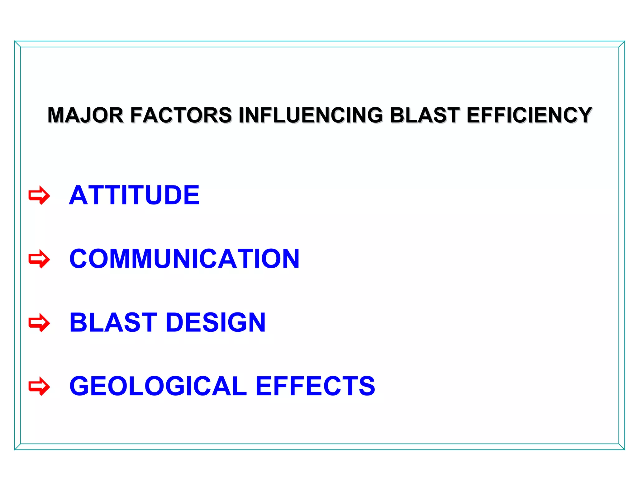 MAJOR FACTORS INFLUENCING BLAST EFFICIENCY    ATTITUDE    COMMUNICATION    BLAST DESIGN    GEOLOGICAL EFFECTS 