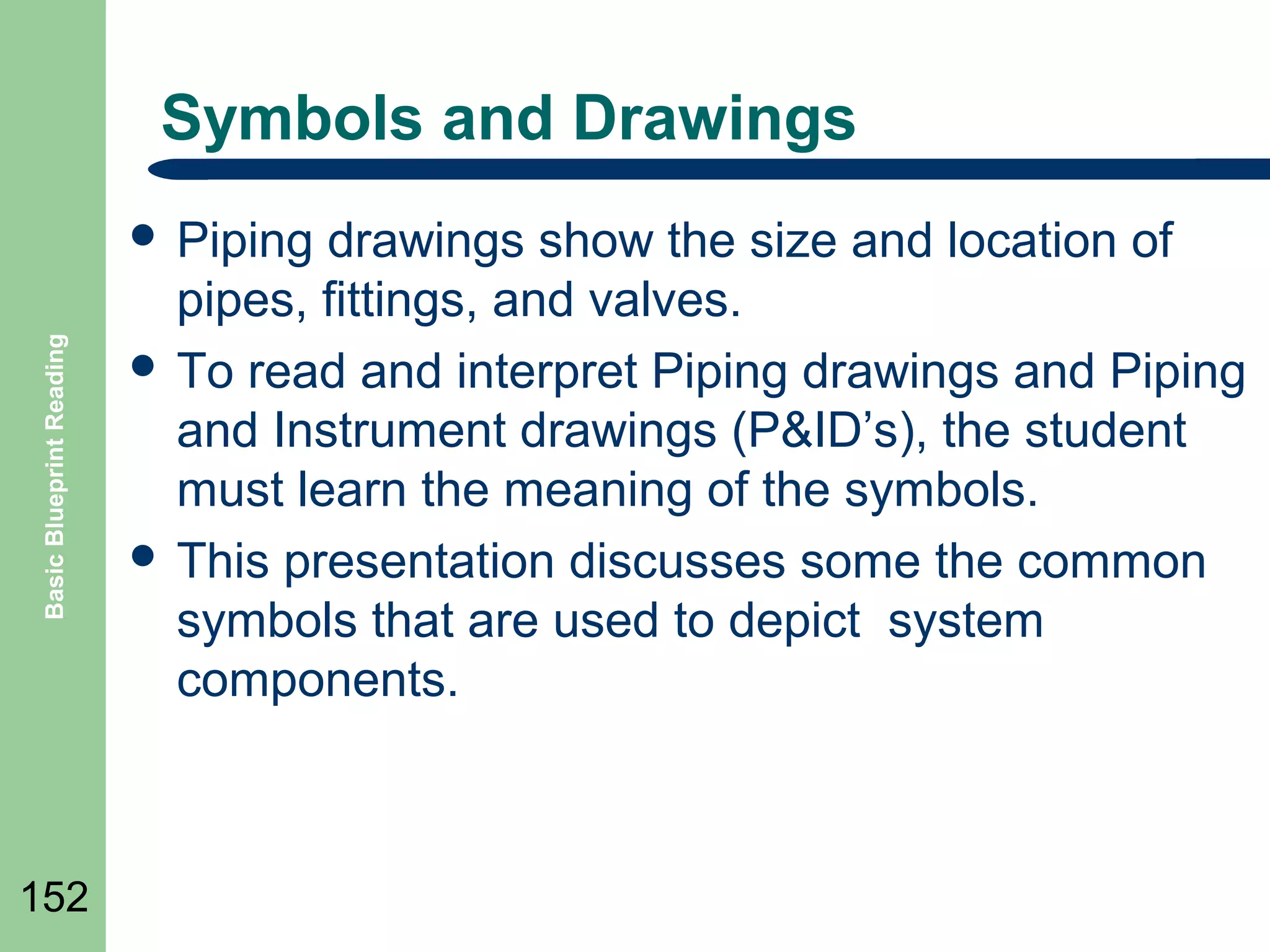Symbols and Drawings

Basic Blueprint Reading

 Piping

152

drawings show the size and location of
pipes, fittings, and valves.
 To read and interpret Piping drawings and Piping
and Instrument drawings (P&ID’s), the student
must learn the meaning of the symbols.
 This presentation discusses some the common
symbols that are used to depict system
components.

 