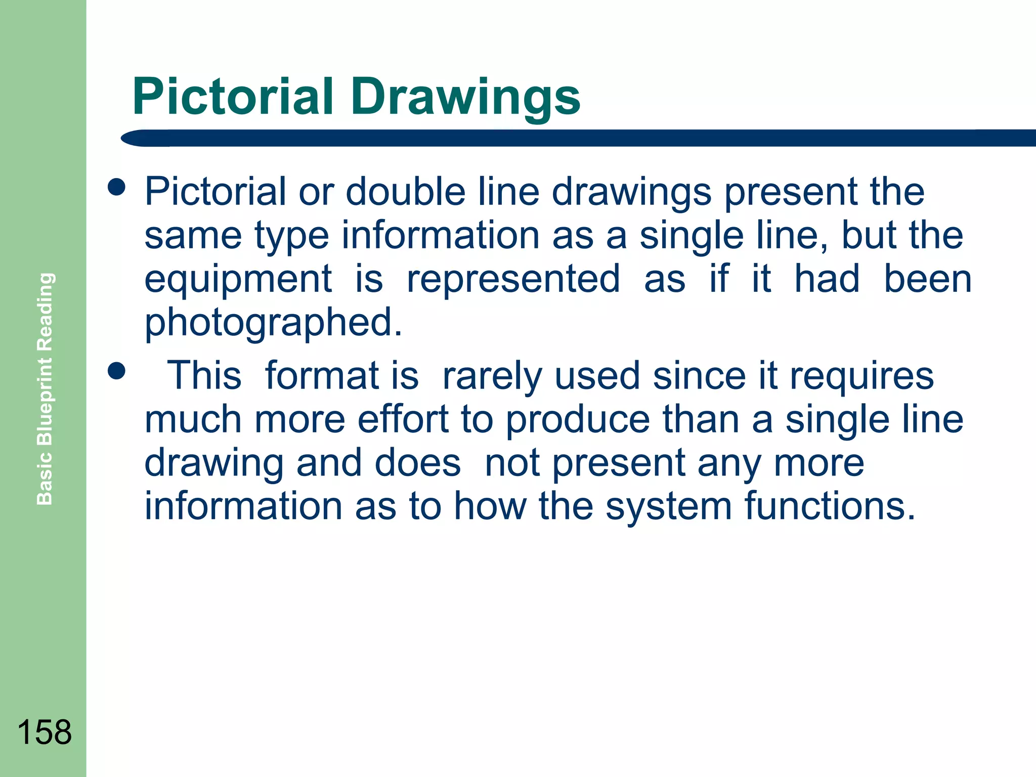 Pictorial Drawings

Basic Blueprint Reading

 Pictorial

158

or double line drawings present the
same type information as a single line, but the
equipment is represented as if it had been
photographed.
 This format is rarely used since it requires
much more effort to produce than a single line
drawing and does not present any more
information as to how the system functions.

 