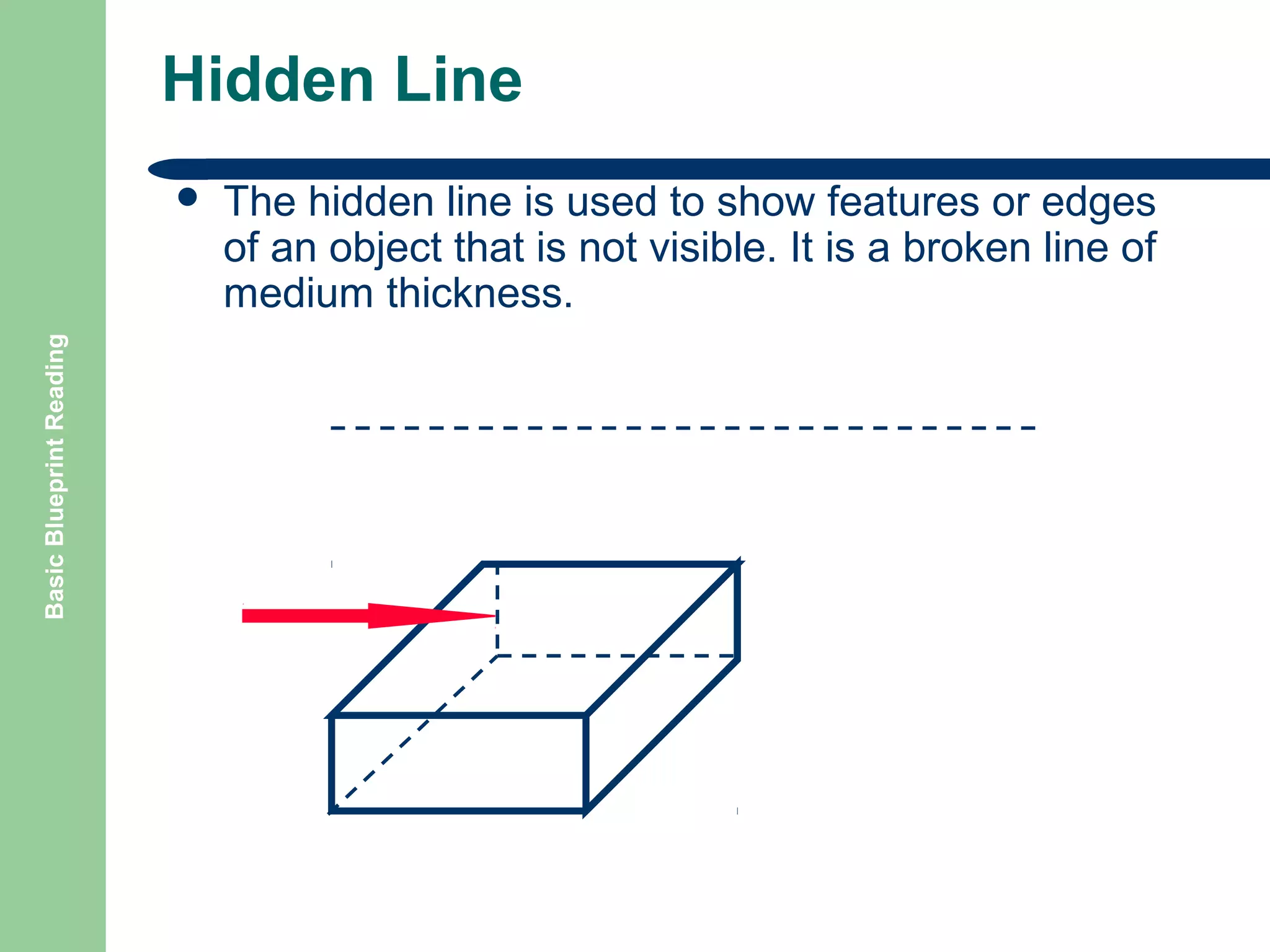 Hidden Line

Basic Blueprint Reading



The hidden line is used to show features or edges
of an object that is not visible. It is a broken line of
medium thickness.

 