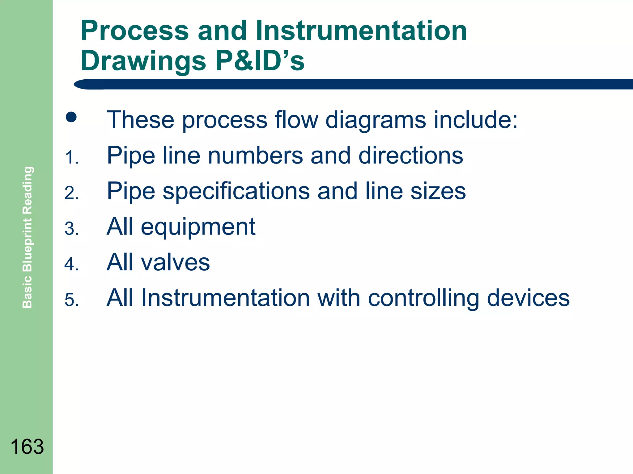 Process and Instrumentation
Drawings P&ID’s

Basic Blueprint Reading



163

1.
2.
3.
4.
5.

These process flow diagrams include:
Pipe line numbers and directions
Pipe specifications and line sizes
All equipment
All valves
All Instrumentation with controlling devices

 