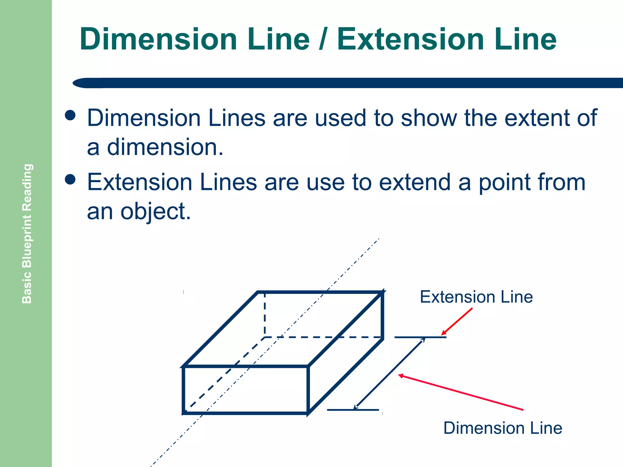 Dimension Line / Extension Line

Basic Blueprint Reading

 Dimension

Lines are used to show the extent of
a dimension.
 Extension Lines are use to extend a point from
an object.

Extension Line

Dimension Line

 