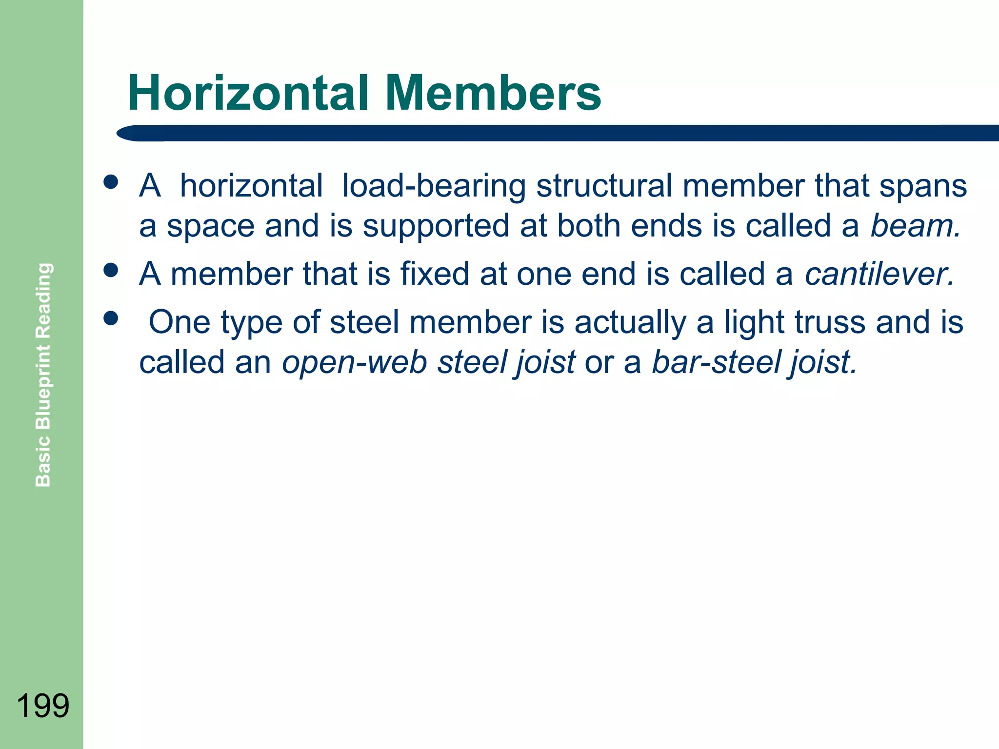 Horizontal Members

Basic Blueprint Reading



199




A horizontal load-bearing structural member that spans
a space and is supported at both ends is called a beam.
A member that is fixed at one end is called a cantilever.
One type of steel member is actually a light truss and is
called an open-web steel joist or a bar-steel joist.

 
