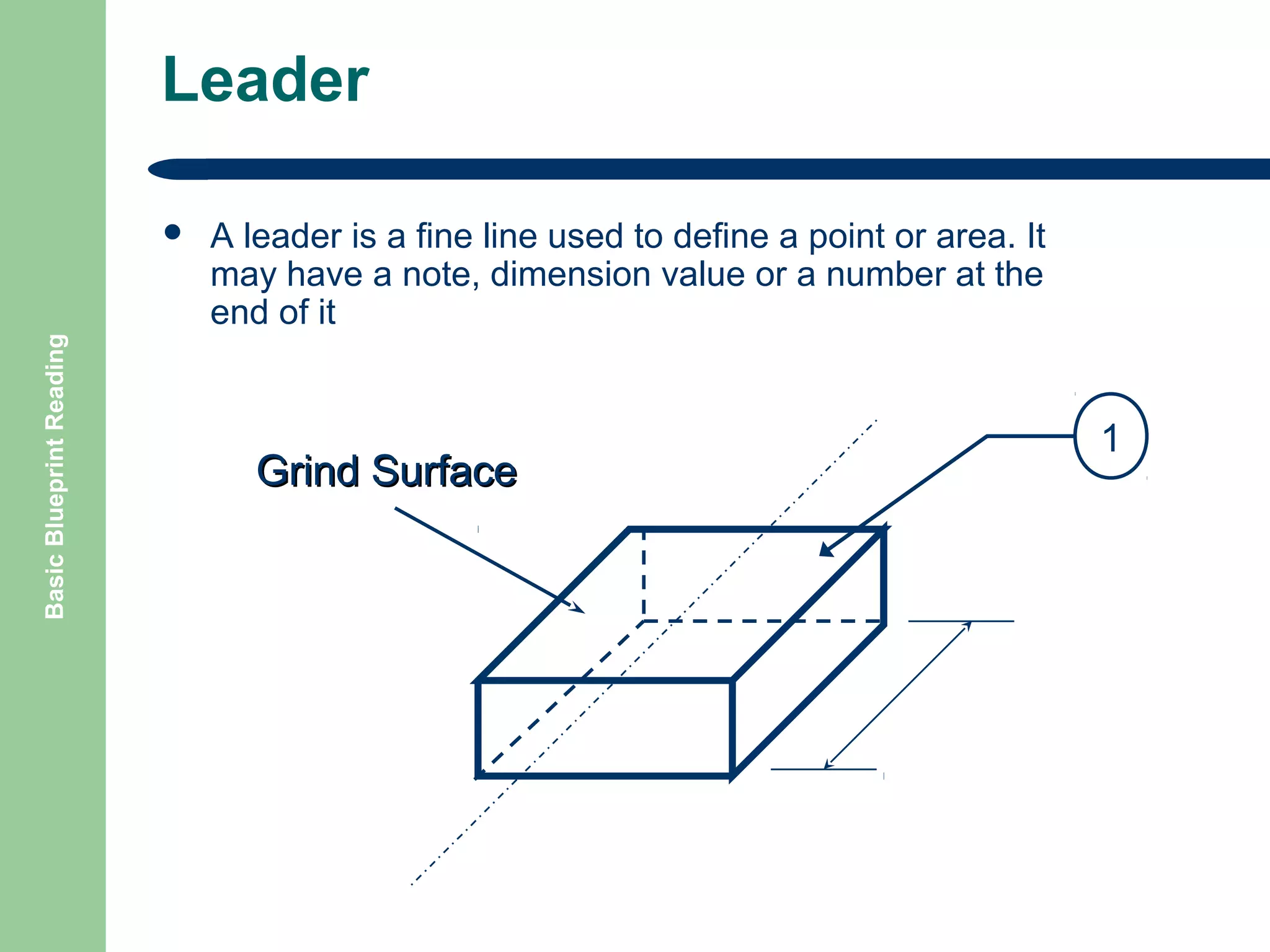 Leader

Basic Blueprint Reading



A leader is a fine line used to define a point or area. It
may have a note, dimension value or a number at the
end of it

Grind Surface

1

 