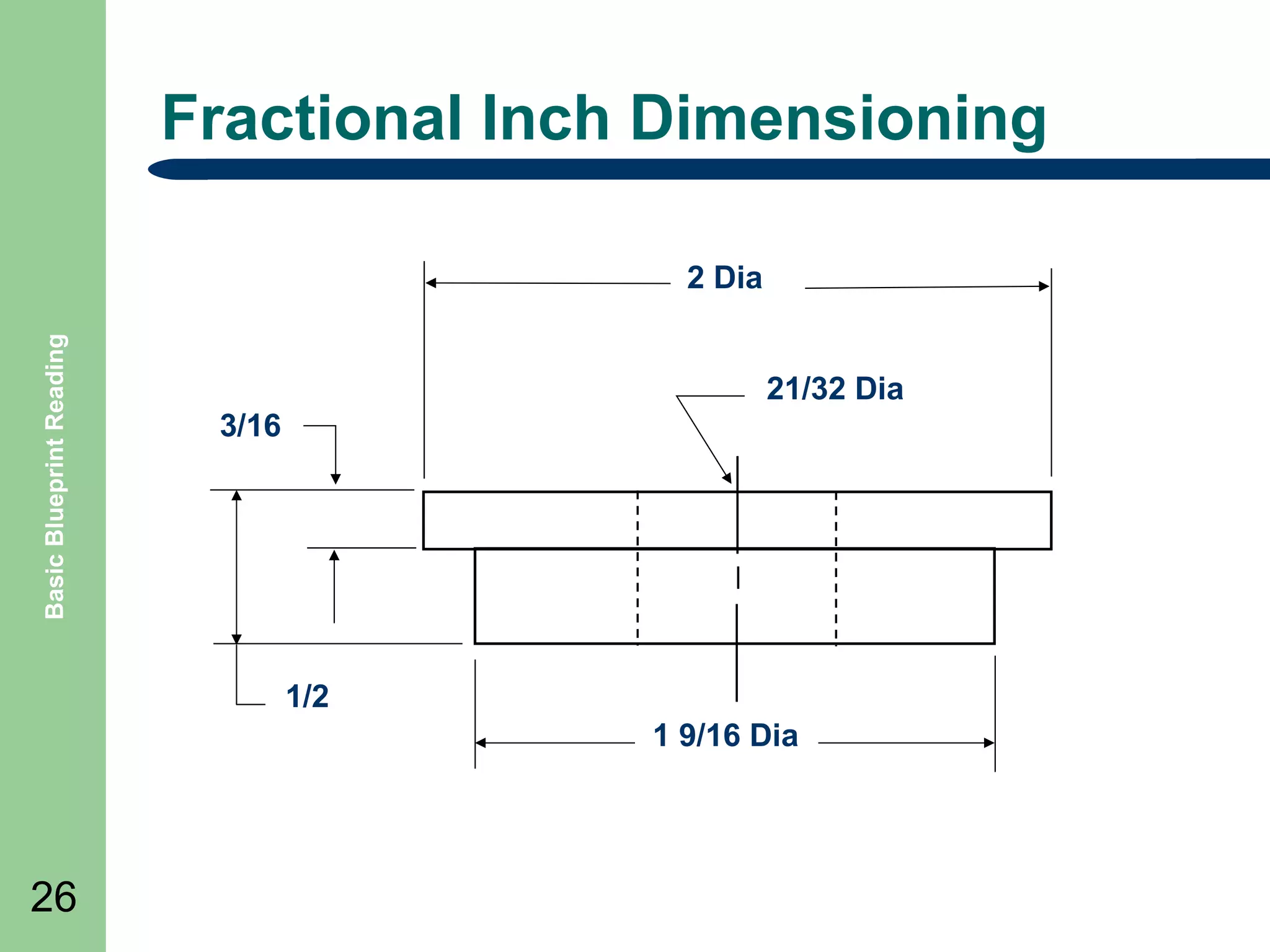 Fractional Inch Dimensioning

Basic Blueprint Reading

2 Dia
21/32 Dia
3/16

1/2
1 9/16 Dia

26

 