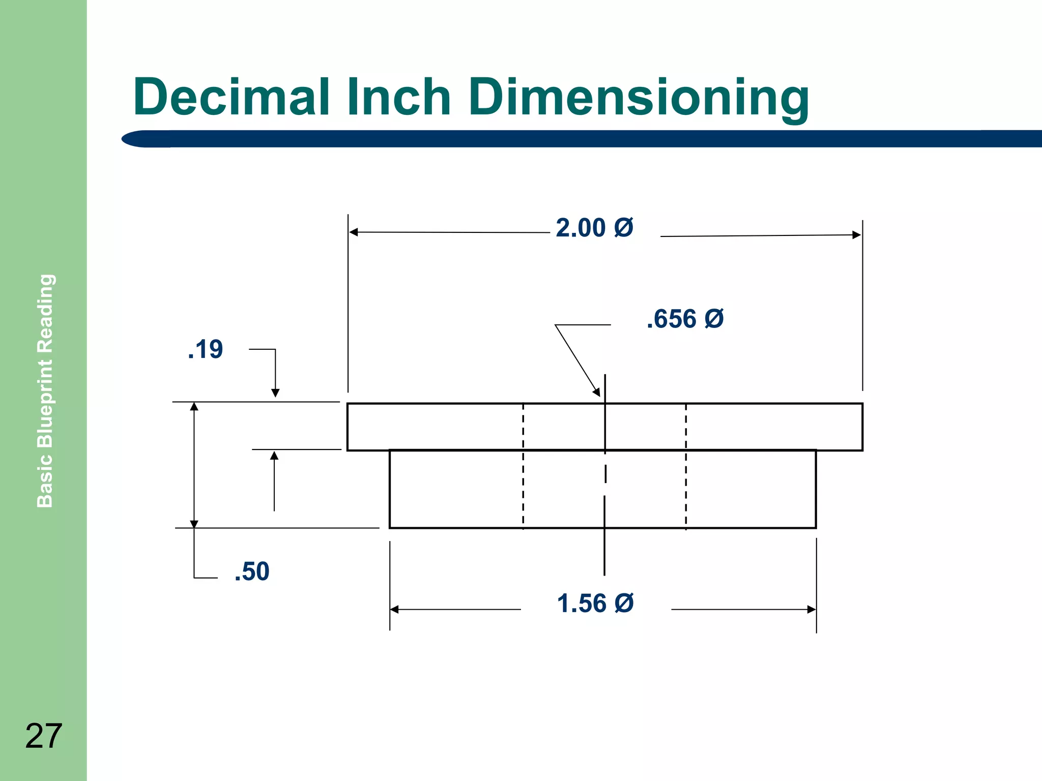 Decimal Inch Dimensioning

Basic Blueprint Reading

2.00 Ø
.656 Ø
.19

.50
1.56 Ø

27

 