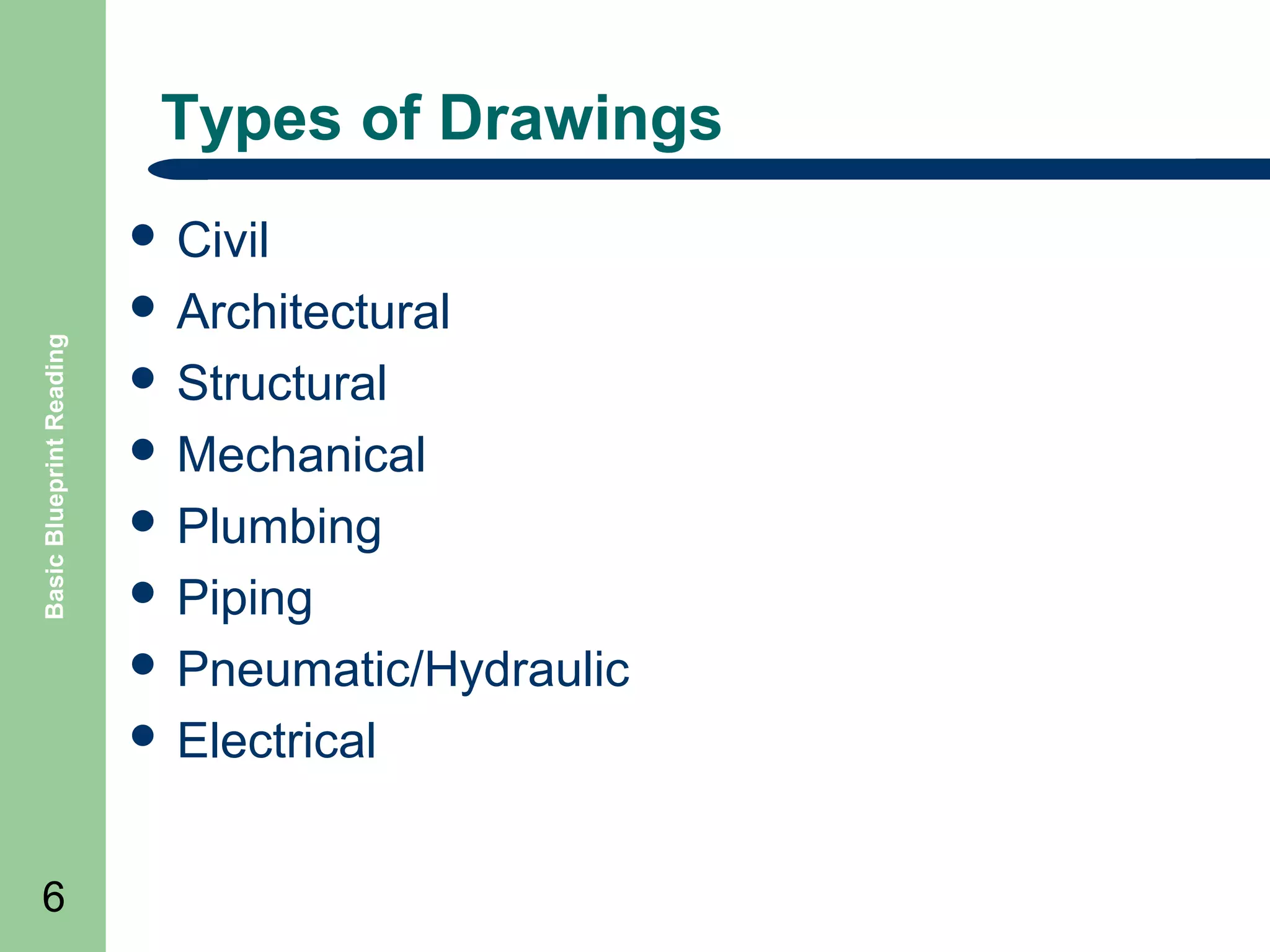 Types of Drawings

Basic Blueprint Reading

 Civil
 Architectural
 Structural
 Mechanical
 Plumbing
 Piping
 Pneumatic/Hydraulic
 Electrical

6

 
