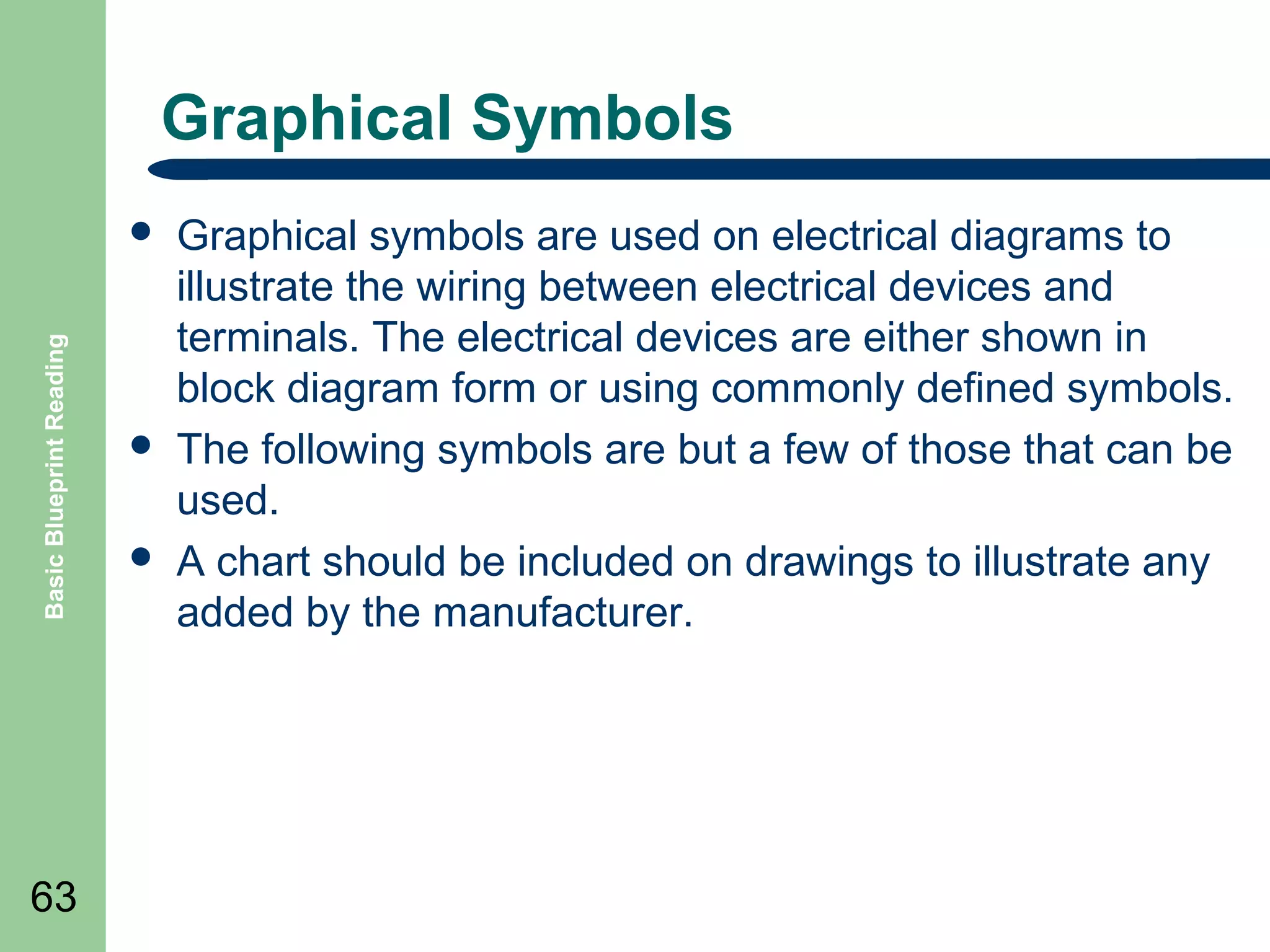 Graphical Symbols

Basic Blueprint Reading



63





Graphical symbols are used on electrical diagrams to
illustrate the wiring between electrical devices and
terminals. The electrical devices are either shown in
block diagram form or using commonly defined symbols.
The following symbols are but a few of those that can be
used.
A chart should be included on drawings to illustrate any
added by the manufacturer.

 