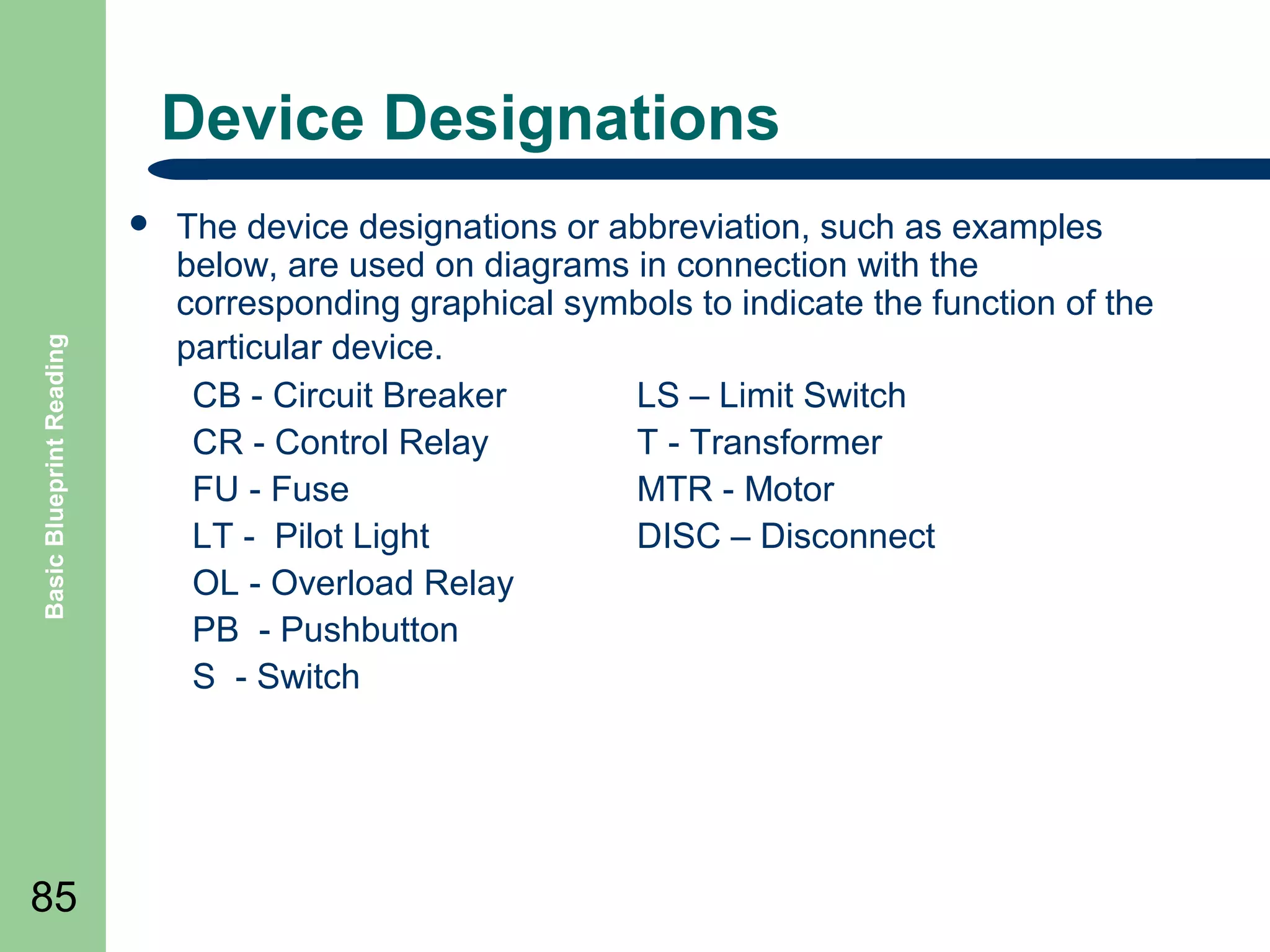 Device Designations

Basic Blueprint Reading



85

The device designations or abbreviation, such as examples
below, are used on diagrams in connection with the
corresponding graphical symbols to indicate the function of the
particular device.
CB - Circuit Breaker
LS – Limit Switch
CR - Control Relay
T - Transformer
FU - Fuse
MTR - Motor
LT - Pilot Light
DISC – Disconnect
OL - Overload Relay
PB - Pushbutton
S - Switch

 