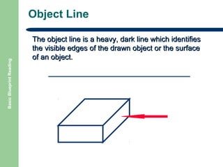 Basic Blueprint Reading

Object Line
The object line is a heavy, dark line which identifies
the visible edges of the drawn object or the surface
of an object.

 