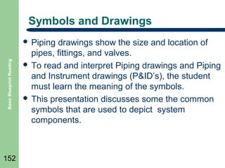 Symbols and Drawings

Basic Blueprint Reading

 Piping

152

drawings show the size and location of
pipes, fittings, and valves.
 To read and interpret Piping drawings and Piping
and Instrument drawings (P&ID’s), the student
must learn the meaning of the symbols.
 This presentation discusses some the common
symbols that are used to depict system
components.

 