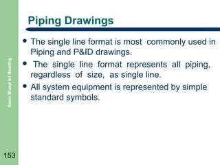 Piping Drawings

Basic Blueprint Reading

 The

153

single line format is most commonly used in
Piping and P&ID drawings.
 The single line format represents all piping,
regardless of size, as single line.
 All system equipment is represented by simple
standard symbols.

 