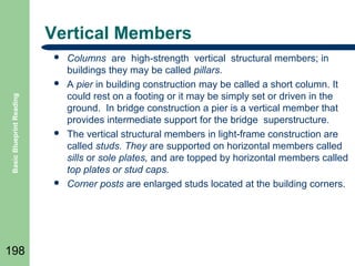 Vertical Members


Basic Blueprint Reading







198

Columns are high-strength vertical structural members; in
buildings they may be called pillars.
A pier in building construction may be called a short column. It
could rest on a footing or it may be simply set or driven in the
ground. In bridge construction a pier is a vertical member that
provides intermediate support for the bridge superstructure.
The vertical structural members in light-frame construction are
called studs. They are supported on horizontal members called
sills or sole plates, and are topped by horizontal members called
top plates or stud caps.
Corner posts are enlarged studs located at the building corners.

 