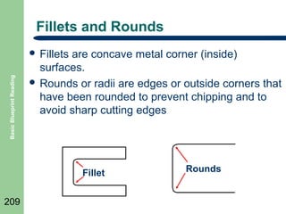 Fillets and Rounds

Basic Blueprint Reading

 Fillets

are concave metal corner (inside)
surfaces.
 Rounds or radii are edges or outside corners that
have been rounded to prevent chipping and to
avoid sharp cutting edges

Fillet
209

Rounds

 