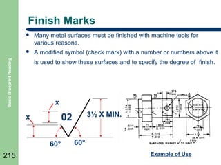 Finish Marks


Many metal surfaces must be finished with machine tools for
various reasons.



A modified symbol (check mark) with a number or numbers above it

Basic Blueprint Reading

is used to show these surfaces and to specify the degree of finish .

x

60°
215

3½ X MIN.

02

x

60°
Example of Use

 