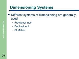 Dimensioning Systems
 Different

systems of dimensioning are generally

Basic Blueprint Reading

used

25

–
–
–

Fractional inch
Decimal inch
SI Metric

 