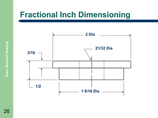 Fractional Inch Dimensioning

Basic Blueprint Reading

2 Dia
21/32 Dia
3/16

1/2
1 9/16 Dia

26

 