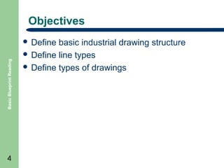 Objectives

Basic Blueprint Reading

 Define

4

basic industrial drawing structure
 Define line types
 Define types of drawings

 