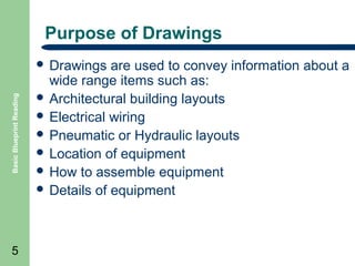 Purpose of Drawings

Basic Blueprint Reading

 Drawings

5

are used to convey information about a
wide range items such as:
 Architectural building layouts
 Electrical wiring
 Pneumatic or Hydraulic layouts
 Location of equipment
 How to assemble equipment
 Details of equipment

 