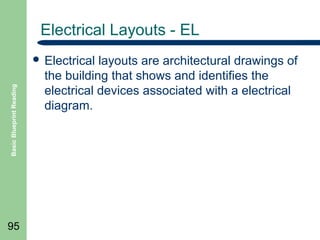 Electrical Layouts - EL

Basic Blueprint Reading

 Electrical

95

layouts are architectural drawings of
the building that shows and identifies the
electrical devices associated with a electrical
diagram.

 