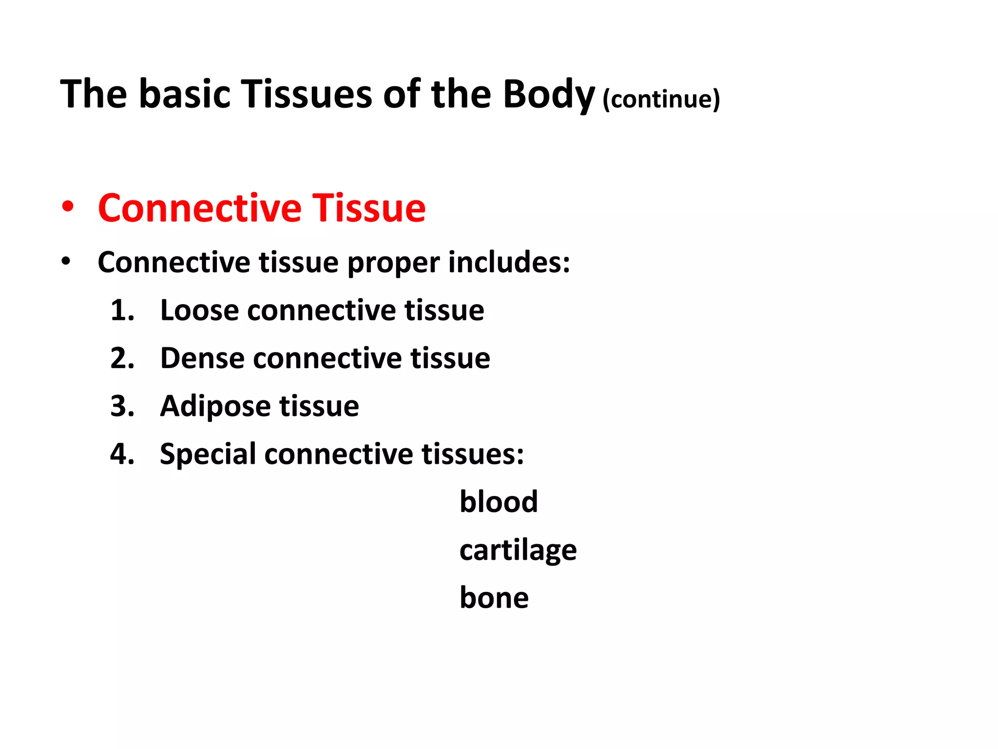 The basic Tissues of the Body(continue)
• Connective Tissue
• Connective tissue proper includes:
1. Loose connective tissue
2. Dense connective tissue
3. Adipose tissue
4. Special connective tissues:
blood
cartilage
bone
 