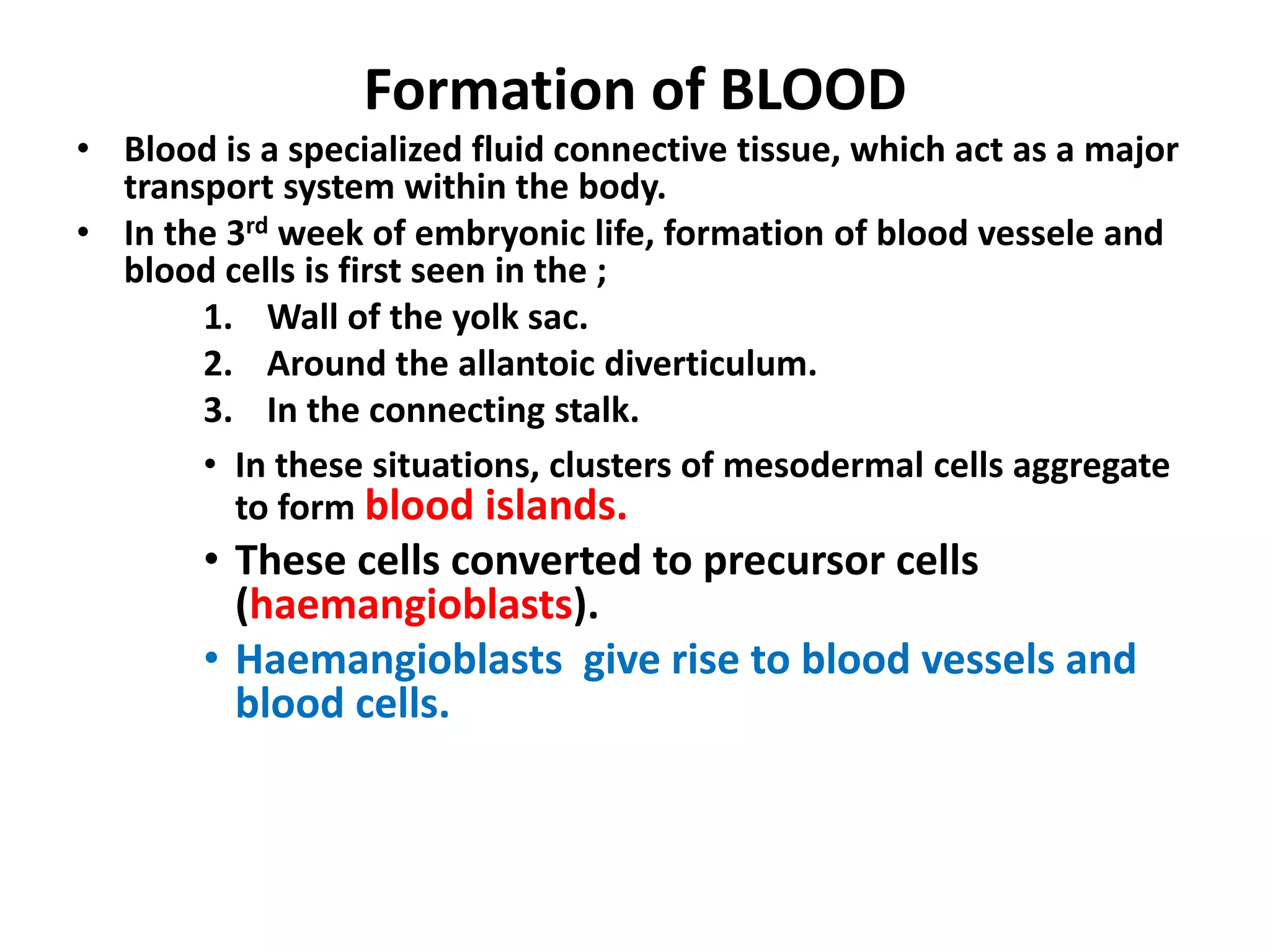 Formation of BLOOD
• Blood is a specialized fluid connective tissue, which act as a major
transport system within the body.
• In the 3rd week of embryonic life, formation of blood vessele and
blood cells is first seen in the ;
1. Wall of the yolk sac.
2. Around the allantoic diverticulum.
3. In the connecting stalk.
• In these situations, clusters of mesodermal cells aggregate
to form blood islands.
• These cells converted to precursor cells
(haemangioblasts).
• Haemangioblasts give rise to blood vessels and
blood cells.
 