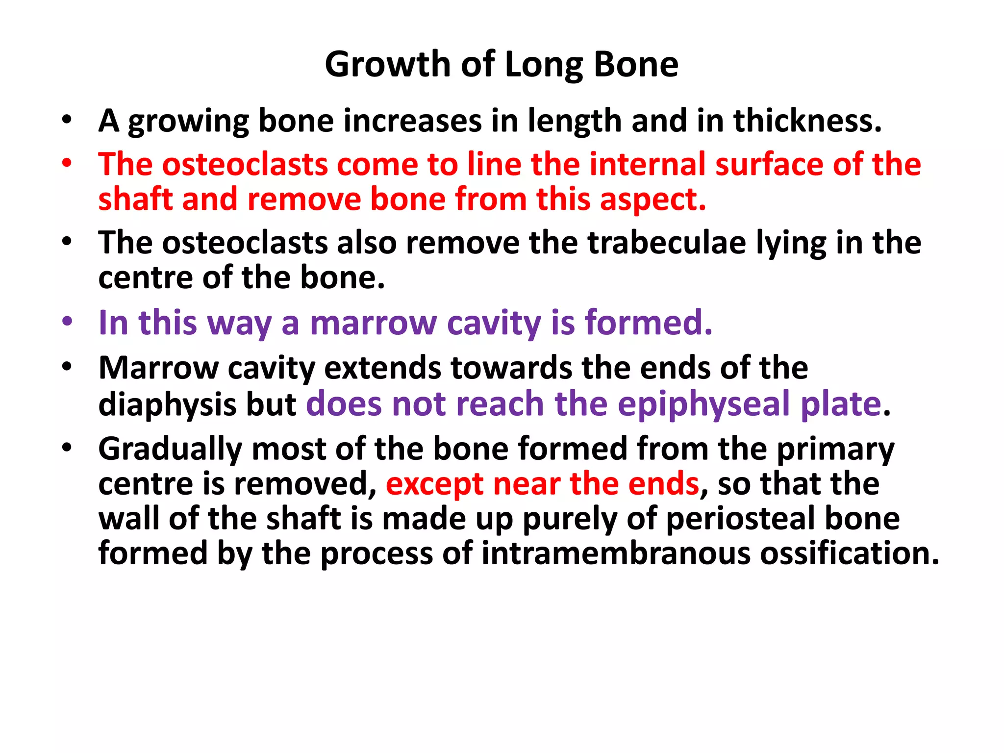 Growth of Long Bone
• A growing bone increases in length and in thickness.
• The osteoclasts come to line the internal surface of the
shaft and remove bone from this aspect.
• The osteoclasts also remove the trabeculae lying in the
centre of the bone.
• In this way a marrow cavity is formed.
• Marrow cavity extends towards the ends of the
diaphysis but does not reach the epiphyseal plate.
• Gradually most of the bone formed from the primary
centre is removed, except near the ends, so that the
wall of the shaft is made up purely of periosteal bone
formed by the process of intramembranous ossification.
 