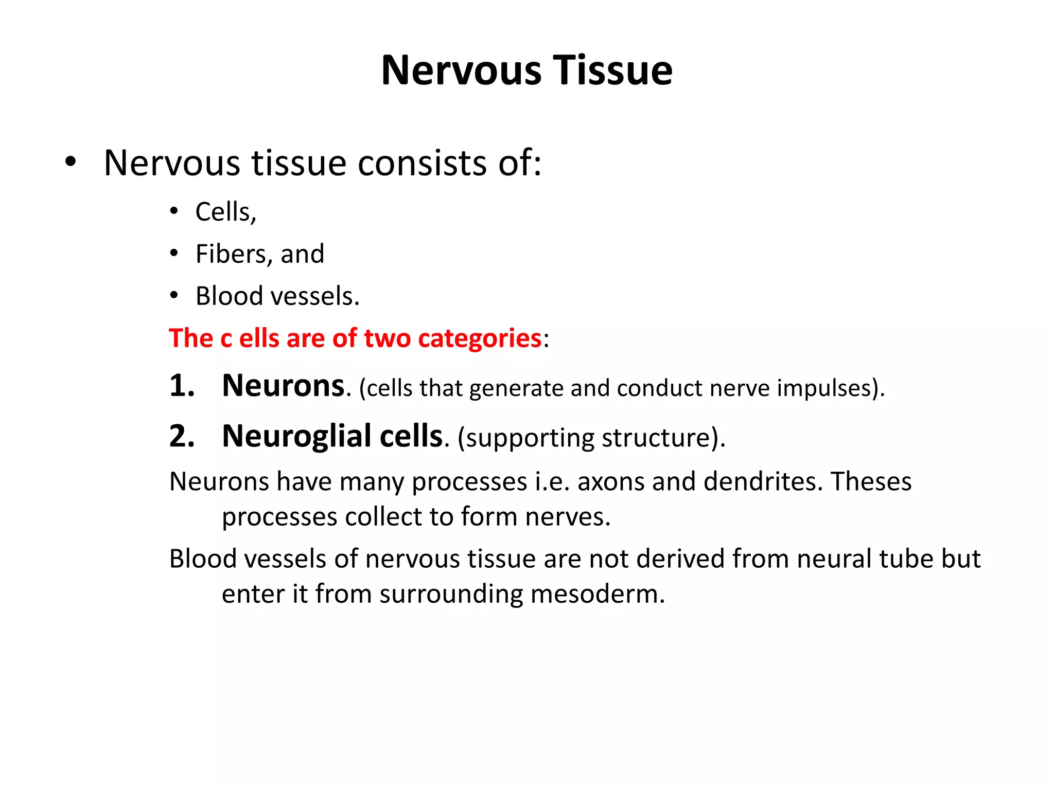• Nervous tissue consists of:
• Cells,
• Fibers, and
• Blood vessels.
The c ells are of two categories:
1. Neurons. (cells that generate and conduct nerve impulses).
2. Neuroglial cells. (supporting structure).
Neurons have many processes i.e. axons and dendrites. Theses
processes collect to form nerves.
Blood vessels of nervous tissue are not derived from neural tube but
enter it from surrounding mesoderm.
Nervous Tissue
 