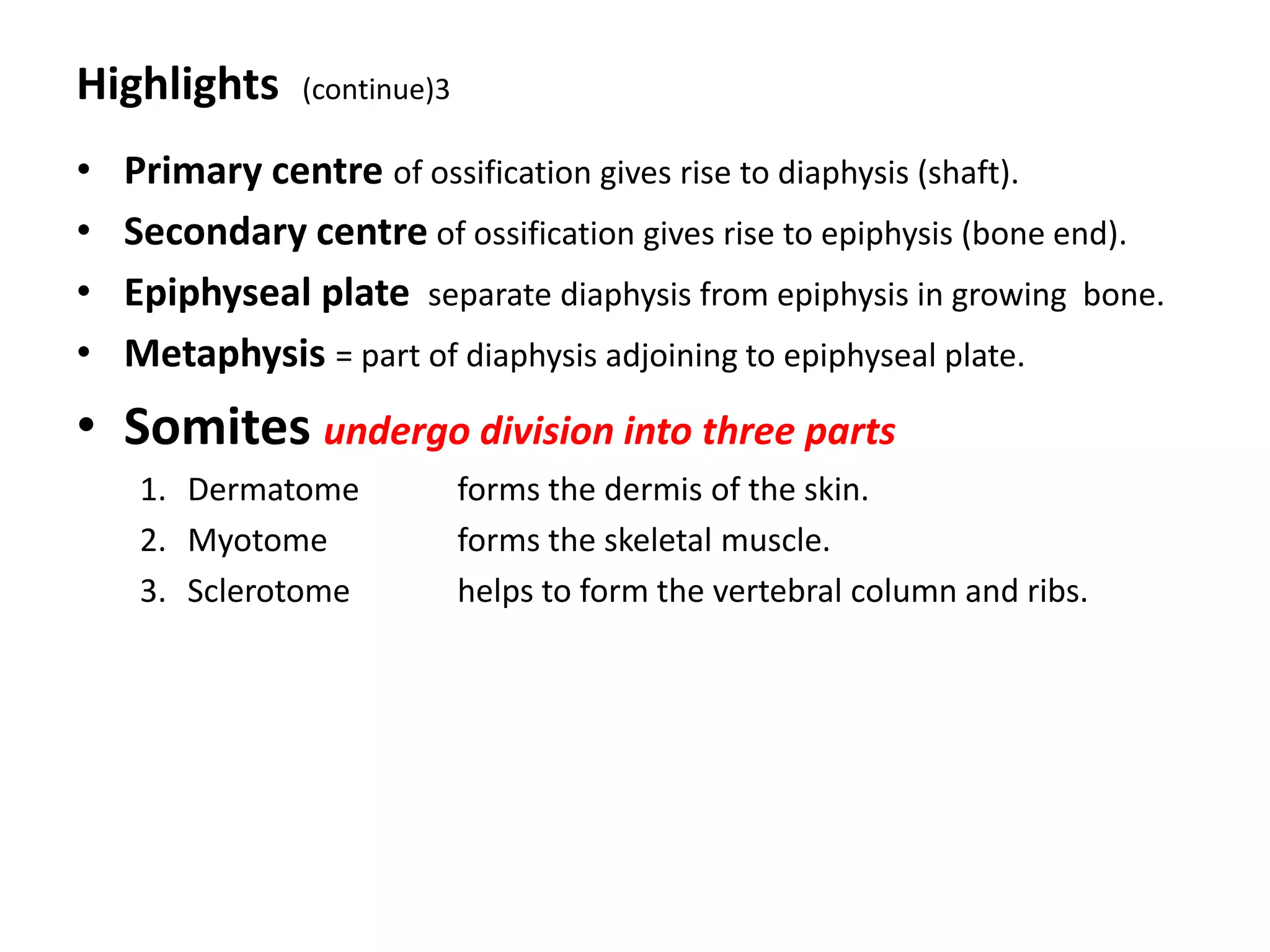Highlights (continue)3
• Primary centre of ossification gives rise to diaphysis (shaft).
• Secondary centre of ossification gives rise to epiphysis (bone end).
• Epiphyseal plate separate diaphysis from epiphysis in growing bone.
• Metaphysis = part of diaphysis adjoining to epiphyseal plate.
• Somites undergo division into three parts
1. Dermatome forms the dermis of the skin.
2. Myotome forms the skeletal muscle.
3. Sclerotome helps to form the vertebral column and ribs.
 