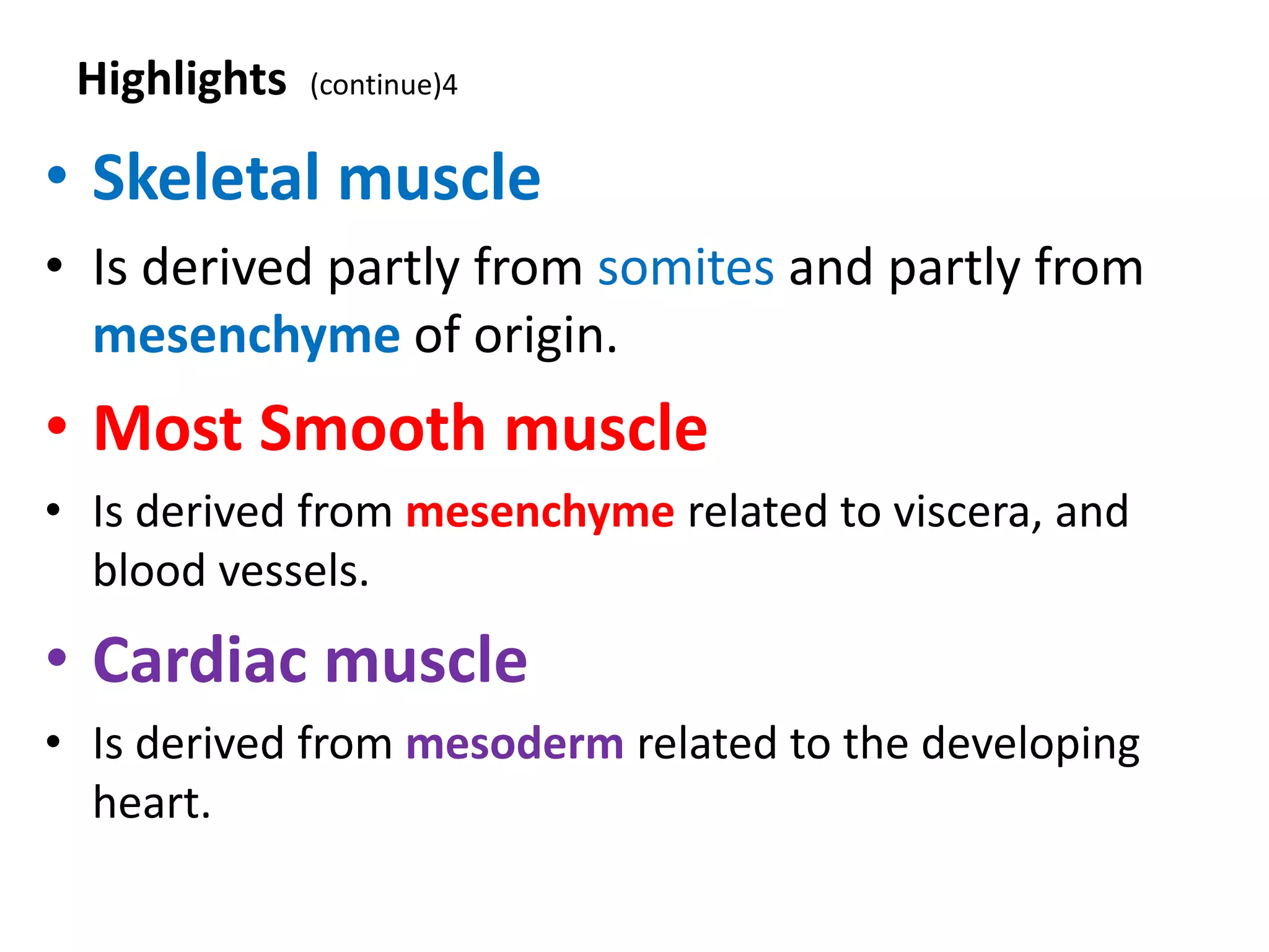 Highlights (continue)4
• Skeletal muscle
• Is derived partly from somites and partly from
mesenchyme of origin.
• Most Smooth muscle
• Is derived from mesenchyme related to viscera, and
blood vessels.
• Cardiac muscle
• Is derived from mesoderm related to the developing
heart.
 
