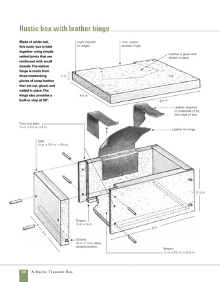 Quantity 	 Part	Actual Size 	Construction Notes
	 2 	 Front and back 	 1
⁄2 in. × 21
⁄2 in. x 61
⁄16 in.*	 White oak
	 2 	 Ends	 1
⁄2 in. × 21
⁄2 in. × 33
⁄4 in. 	 White oak
	 2 	 Lid 	 1
⁄2 in. × 41
⁄2 in. × 61
⁄2 in. 	 Quartersawn white oak
	 16 	 1⁄8-in.-dia. hard-	 1
⁄8 in. × 7
⁄8 in. long	 Sand ends before installation
			 wood dowels 	 	
	 1		 Leather scrap	 6-in. square	 Available from
						 www.tandyleather.com
*Length includes 1/32-in. cleanup allowance at each end.
rustic treasure box materials
1⁄2 in.
3⁄8 in.
Pivots
here
Leather hinge
Hinge DetailDetail of Rabbet Joint
Leather
	 A Rustic Treasure Box	 25
 