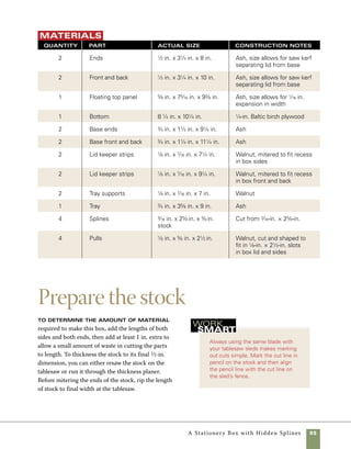 56	 A Stationery Box with Hidden Splines
Two different types of miter sleds are used to build both this box and the variations shown in the “Design
Options” on p. 78.The first miter sled is used to cut wide stock and is designed for use with the blade tilted
to 45 degrees.The second is a more common miter sled often used by craftsmen in cutting picture-frame
parts.You’ll use it to cut trim and frame parts, and it may turn out to be the most useful tablesaw accessory
in your shop. Both of these sleds offer greater safety and accuracy than a standard tablesaw miter gauge.
Two versatile miter sleds
Miter sled for wide stock
The wide-stock miter sled on the facing page is a
smaller version of the crosscut sled many cabinet-
makers use.This design is scaled to a size useful
in box making, and unlike most sleds this one takes
up little storage space when not in use.The sled’s
reduced weight also allows it to move through
cuts with less resistance. To make this sled, follow
the steps shown in “Making a Crosscut Sled” on
p. 28, then add wood stock to the front and back
of the sled as shown.
Attach front and back
Align the front and back fences
with the edges of the plywood
base, then countersink screws to
attach them in place.
Make your first cut
An exact first cut allows you to
measure from that mark when-
ever you’re using the sled. Also,
you can use the sled to help set
the blade angle later. Rotate
the blade (by hand) through
the kerf in the sled. If the blade
scrapes at all, the angle of the
blade should be adjusted.
 