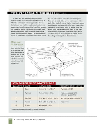 A Stationery Box with Hidden Splines	 59
Miter the corners
To modify instructions from a left-tilt
saw for use on a right-tilt saw, follow
the same steps but place your stop
blocks on the left side of the fence
rather than the right. Trim one miter
with the face side down, flip the
stock over, and position it against the
stop block on the left to miter the
opposite end.
work
   smart
I miter and cut the stock to final
length in a single pass at the tablesaw. I angle the
blade to 45 degrees and use a miter sled with a stop
block to control the length of the cut. This same
operation can be done with a standard tablesaw
miter gauge, but I prefer the sled because it is safer
and more accurate. Before cutting miters on your
actual stock, tilt the blade to 45 degrees and make
a test cut on scrapwood. Check the accuracy of the
cut with a combination square. When you are satis-
fied with the accuracy of the cut, proceed in miter-
ing the parts for the box front, back, and sides.
1. Crosscut the stock at the center, dividing it into
two pieces of equal length. From each of these two
lengths of stock you’ll cut one side and one end. To
help align the stock against the sled’s fence, I mark
the center of the stock and align it with the cut line
on the sled’s fence.
2. Make the first mitered cut on the box ends
with the blade angled to 45 degrees and the exte-
rior face of the sides down on the base of the sled.
The object at this point is to form the miter on 	
one end of each piece (photo A ).
Miter one
end of the
stock Begin
cutting the
sides to length
by mitering the
first end of each
piece. Place the
stock face side
down on the
sled and make
the cut.
A
 