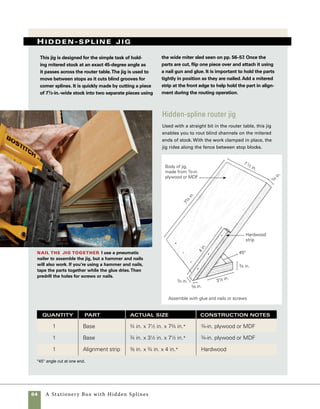 A Stationery Box with Hidden Splines	 65
For maximum strength, the grain of the splines should
run in roughly the same direction as the grain in the
box sides. It’s easiest to make all of the spline stock in
one long strip and then cut each spline to the correct
length. To determine the width of the spline stock,
measure the width of the groove cut in the mitered
ends of your box sides. To determine the length of the
splines, measure the depth of one slot, double it, and
subtract about 1⁄64 in. to allow for glue.
1. Plane material to the same thickness as the width
of the slots. To avoid difficulty during assembly, be
sure that the fit is not too tight. Inserting or removing
the spline stock should require little effort because
even greater force will be needed once the glue is
Make the splines
applied. It’s a perfect fit when the spline material will
stay in place when turned upside down but will fall
out with just a bit of shaking (photo E ).
2. After planing the material to thickness, cut it to
width at the tablesaw.
3. Pass the length of spline stock across a 1⁄8-in.
roundover bit in the router table. Rounding the
edges of the splines helps achieve a perfect fit in 	
the rounded grooves (photo F ).
4. Cut the spline stock to length at the tablesaw
using a crosscut sled with a stop block clamped in
place. The sled allows the cut splines to be safely
controlled during the cut and the stop block assures
that they are cut to a uniform length (photo G ).
5. To avoid any surprises during assembly, check
the fit of all the splines prior to gluing up the box.
The mitered joint should close completely with the
spline in place (photo H ).
Fit the splines to the slots Take light passes
through the thickness planer until the spline stock fits
snugly in the hidden-spline slot.The spline stock should
fit easily into the slots and yet have enough resistance to
hold against gravity.
E
Cut the splines to length Use a crosscut sled
outfitted with a stop block to cut the splines to length.
For safety, use the eraser end of a pencil to hold the small
offcuts and remove them following the cut.
G
Shape the spline stock Use a 1⁄16-in.-radius
roundover bit to shape the edges of the spline stock. If
you’re only making a single box, it’s often faster to sand
the edges round with coarse sandpaper. Check the width
of the spline stock so that it fits in the slots.
F
Check the fit of the splines Once the splines
are cut to size, they should slide easily into the slots
on your box sides and the miters should close with the
splines in place.
H
 