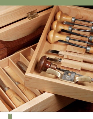 I began making wooden boxes in 1976.
Aside from the pleasure I found in making them,
they served a very practical purpose. Boxes kept
me busy between commissions and allowed me to
explore designs and techniques without making a
large investment in time or materials. Since then
I’ve sold thousands of small boxes through craft
fairs and galleries.
I can tell you from personal experience that
developing the skills you need to accomplish your
best work won’t happen overnight. There is a differ-
ence between knowledge that you get from a book
and skill that takes residence in your own hands.
For skill to develop you will need to pay attention,
not only to what is told in the pages of a book, but
to what the tools tell you: the sight, sound, and feel
of their operation, what the wood shares of its own
nature, and what your own hands and body tell you
of motion and movement.
As your skill develops, you’ll begin looking for
greater challenges. But don’t rush the process. Take
your time. Many of the best things that happened in
my own work came through repetition of the same
simple tasks. Watching carefully, I began to notice
things: when cuts could be made more accurately,
how processes could be simplified, where finishes
could be improved. These things don’t come in
a rush. Slow down, savor the process, enjoy the
special scent of each species, and take time to feel
and enjoy the texture of its grain. At the risk of
repeating myself, I offer this advice: Repeat your-
self. Repetition leads to refinement, and refinement
leads to success.
Though it’s not necessary to build the projects in
this book in any particular order, they are arranged
by the level of difficulty. As you grow in confidence
working through the projects in this book, use your
imagination and ask a few questions: What if this
box were made in that wood? What if that joint
were used on this box? What if the lid had more
overhang? What if I made the box larger, or smaller?
The question “What if?” can challenge and engage a
box maker for years of adventure. It has for me, and
I hope it will for you as well.
introduction
3
 