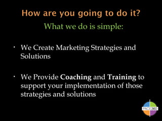What we do is simple: We Create Marketing Strategies and Solutions We Provide  Coaching  and  Training  to support your implementation of those strategies and solutions 