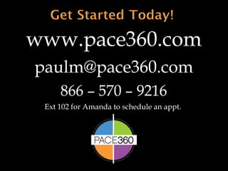 www.pace360.com [email_address] 866 – 570 – 9216 Ext 102 for Amanda to schedule an appt.  