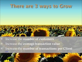 Increase the  number of customers   Increase the  average transaction value   Increase the  number of transactions  per Client   lynnc 