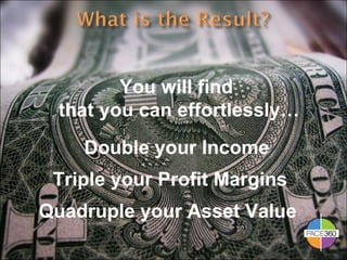 You will find  that you can effortlessly… Double your Income Quadruple your Asset Value Triple your Profit Margins 