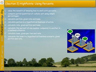 Contact Email Design Copyright 1994-2013 © OxfordCambridge.OrgBusiness Skills (This picture: Harcourt Hill, West Oxford)
(Section 2) HighPoints: Using Percents.
☺ value the benefit of knowing how to work with percents.
☺ compare partial quantities of a whole unit using simple
percentages.
☺ calculate portion, given rate and base.
☺ calculate portion in a hypothetical business situation.
☺ calculate rate, given portion and base.
☺ calculate the percent of one number compared to another in
a business situation.
☺ calculate base, given por tion and rate.
☺ calculate the base in a hypothetical business scenario, given
portion and rate.
 
