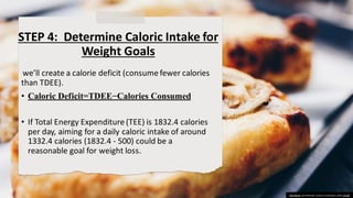 STEP 4: Determine Caloric Intake for
Weight Goals
we’ll create a calorie deficit (consume fewer calories
than TDEE).
• Caloric Deficit=TDEE−Calories Consumed
• If Total Energy Expenditure (TEE) is 1832.4 calories
per day, aiming for a daily caloric intake of around
1332.4 calories (1832.4 - 500) could be a
reasonable goal for weight loss.
This Photo by Unknown author is licensed under CC BY.
 