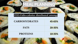 MEAL PLANNING
1332.4 kilo-calories distributed among;
CARBOHYDRATES 45-65%
FATS 20-35%
PROTEINS 10-35%
This Photo by Unknown author is licensed under CC BY-SA.
 