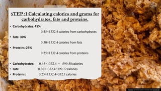 STEP :1 Calculating calories and grams for
carbohydrates, fats and proteins.
• Carbohydrates:45%
0.45×1332.4 calories from carbohydrates
• Fats: 30%
0.30×1332.4 calories from fats
• Proteins:25%
0.25×1332.4 calories from proteins
• Carbohydrates: 0.45×1332.4 = 599.58calories
• Fats: 0.30×1332.4=399.72calories
• Proteins : 0.25×1332.4=332.1calories
This Photo by Unknown author is licensed under CC BY-NC-ND.
 