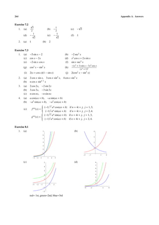 264                                                                                                                             Appendix A. Answers


Exercise 7.2 √
               3                                          1                        √
   1. (a)                                    (b)         −               (c)      − 3
                     2                                    2
                         1                                 1
           (d)   −√                          (e)         −√               (f)     1
                         2                                  2
      2.   (a)   1                   (b)         2


Exercise 7.3
      1.   (a)   −5 sin x − 2                                    (b)      −2 sec2 x
           (c)   cos x − 2x                                      (d)      x2 cos x + 2x sin x
           (e)   −2 sin x cos x                                   (f)     sin x sec2 x
                                                                          −(x3 + 1) sin x − 3x2 cos x
           (g)   cos2 x − sin2 x                                 (h)
                                                                                  (x3 + 1)2
           (i)   2(x + cos x)(1 − sin x)                         (j)      2(cos2 x − sin2 x)
      2.   (a)   2 cos x sin x, 3 cos x sin2 x, 4 cos x sin3 x
           (b)   n cos x sinn−1 x
      3.   (a)   2 cos 2x, −2 sin 2x
           (b)   3 cos 3x, −3 sin 3x
           (c)   n cos nx, −n sin nx
      4.   (a)   a cos(ax + b), −a sin(ax + b)
           (b)   −a2 sin(ax + b), −a2 cos(ax + b)
                              
                               (−1) j−1 an cos(ax + b)
                              
                                     2                                  if n = 4i + j,    j = 1, 3,
                    (n)
           (c)     f (x) =    (−1) 2j an sin(ax + b)
                                                                        if n = 4i + j,    j = 2, 4.
                              
                               (−1) j+1 an sin(ax + b)
                              
                                     2                                 if n = 4i + j,    j = 1, 3,
                   g(n) (x) = 
                               (−1) 2j an cos(ax + b)
                                                                       if n = 4i + j,    j = 2, 4.


Exercise 8.1
      1.   (a)                       7                                          (b)                     4

                                     6
                                                                                                        3
                                     5

                                     4                                                                  2

                                     3
                                                                                                        1
                                     2

                                     1
                                                                                          2     1               1       2
                         3   2   1           1       2       3

           (c)                           5                                      (d)                         8
                                                                                                            7
                                         4
                                                                                                            6
                                         3                                                                  5

                                         2                                                                  4
                                                                                                            3
                                         1
                                                                                                            2
                                                                                                            1
                         3   2   1               1       2
                                         1                                                 4        2               2       4

                                         2

                 red= 1st, green=2nd, blue=3rd
 