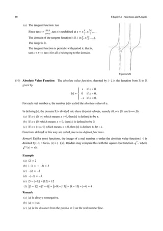 60                                                                               Chapter 2. Functions and Graphs


      (a) The tangent function: tan
                          sin x                               π      3π
          Since tan x =         ,   tan x is undeﬁned at x = ± , ±      ,...
                          cos x                               2       2
          The domain of the tangent function is R  {± π , ± 3π , . . .}.
                                                       2      2
          The range is R.
          The tangent function is periodic with period π, that is,                    -
                                                                                          p        p
                                                                                          2        2
          tan(x + π) = tan x for all x belonging to the domain.




                                                                                          Figure 2.26

(10) Absolute Value Function The absolute value function, denoted by | · |, is the function from R to R
     given by                                
                                              x if x > 0,
                                             
                                             
                                             
                                             
                                             
                                       |x| =  0 if x = 0,
                                             
                                             
                                             
                                             
                                              −x if x < 0.

     For each real number a, the number |a| is called the absolute value of a.

     In deﬁning |x|, the domain R is divided into three disjoint subsets, namely (0, ∞), {0} and (−∞, 0).
      (a) If x ∈ (0, ∞) which means x > 0, then |x| is deﬁned to be x.
      (b) If x ∈ {0} which means x = 0, then |x| is deﬁned to be 0.
      (c) If x ∈ (−∞, 0) which means x < 0, then |x| is deﬁned to be −x.
     Functions deﬁned in this way are called piecewise-deﬁned functions.

     Remark Unlike most functions, the image of a real number x under the absolute value function | · | is
                                                                                                    √
     denoted by |x|. That is, |x| = | · |(x). Readers may compare this with the square-root function · , where
     √        √
       · (x) = x.

     Example
      (a) |2| = 2
      (b) |−3| = −(−3) = 3
      (c) −|2| = −2
      (d) −|−3| = −3
      (e) |5 − (−7)| = |12| = 12
      (f) |3 − 12| − |7 + 6| = |−9| − |13| = |9 − 13| = |−4| = 4

     Remark
      (a) |a| is always nonnegative.
      (b) |a| = |−a|.
      (c) |a| is the distance from the point a to 0 on the real number line.
 