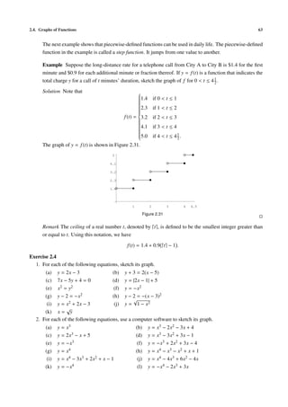 2.4. Graphs of Functions                                                                                        63


      The next example shows that piecewise-deﬁned functions can be used in daily life. The piecewise-deﬁned
      function in the example is called a step function. It jumps from one value to another.

      Example Suppose the long-distance rate for a telephone call from City A to City B is $1.4 for the ﬁrst
      minute and $0.9 for each additional minute or fraction thereof. If y = f (t) is a function that indicates the
      total charge y for a call of t minutes’ duration, sketch the graph of f for 0 < t ≤ 4 1 .
                                                                                            2

      Solution Note that                              
                                                      
                                                      1.4
                                                      
                                                      
                                                                   if 0 < t ≤ 1
                                                      
                                                      
                                                      
                                                      
                                                      2.3
                                                      
                                                      
                                                                   if 1 < t ≤ 2
                                                      
                                                      
                                                      
                                              f (t) = 3.2
                                                                   if 2 < t ≤ 3
                                                      
                                                      
                                                      
                                                      
                                                      4.1
                                                      
                                                      
                                                                   if 3 < t ≤ 4
                                                      
                                                      
                                                      
                                                      
                                                      5.0
                                                                   if 4 < t ≤ 4 1 .
                                                                                 2
      The graph of y = f (t) is shown in Figure 2.31.
                                        5

                                       4.1

                                       3.2

                                       2.3

                                       1.4




                                                  1             2          3           4   4.5

                                                             Figure 2.31


      Remark The ceiling of a real number t, denoted by t , is deﬁned to be the smallest integer greater than
      or equal to t. Using this notation, we have

                                               f (t) = 1.4 + 0.9 t − 1 .

Exercise 2.4
  1. For each of the following equations, sketch its graph.
       (a) y = 2x − 3                  (b) y + 3 = 2(x − 5)
       (c) 7x − 5y + 4 = 0             (d) y = |2x − 1| + 5
       (e) x  2 = y2                    (f) y = −x2
       (g) y − 2 = −x2                 (h) y − 2 = −(x − 3)2
                                                 √
        (i) y = x2 + 2x − 3             (j) y = 1 − x2
                 √
       (k) x = y
   2. For each of the following equations, use a computer software to sketch its graph.
        (a)    y = x3                                 (b)       y = x3 − 2x2 − 3x + 4
        (c)    y = 2x3 − x + 5                        (d)       y = x3 − 3x2 + 3x − 1
        (e)    y = −x3                                 (f)      y = −x3 + 2x2 + 3x − 4
        (g)    y = x4                                 (h)       y = x4 − x 3 − x2 + x + 1
         (i)   y = x4 − 3x3 + 2x2 + x − 1              (j)      y = x4 − 4x3 + 6x2 − 4x
        (k)    y = −x4                                 (l)      y = −x4 − 2x3 + 3x
 