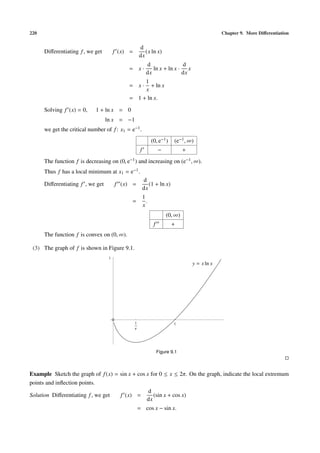 220 Chapter 9. More Diﬀerentiation
Diﬀerentiating f, we get f (x) =
d
dx
(x ln x)
= x ·
d
dx
ln x + ln x ·
d
dx
x
= x ·
1
x
+ ln x
= 1 + ln x.
Solving f (x) = 0, 1 + ln x = 0
ln x = −1
we get the critical number of f: x1 = e−1.
(0, e−1) (e−1, ∞)
f − +
The function f is decreasing on (0, e−1) and increasing on (e−1, ∞).
Thus f has a local minimum at x1 = e−1.
Diﬀerentiating f , we get f (x) =
d
dx
(1 + ln x)
=
1
x
.
(0, ∞)
f +
The function f is convex on (0, ∞).
(3) The graph of f is shown in Figure 9.1.
11 1
1
y = x ln x
Figure 9.1
Example Sketch the graph of f(x) = sin x + cos x for 0 ≤ x ≤ 2π. On the graph, indicate the local extremum
points and inﬂection points.
Solution Diﬀerentiating f, we get f (x) =
d
dx
(sin x + cos x)
= cos x − sin x.
 